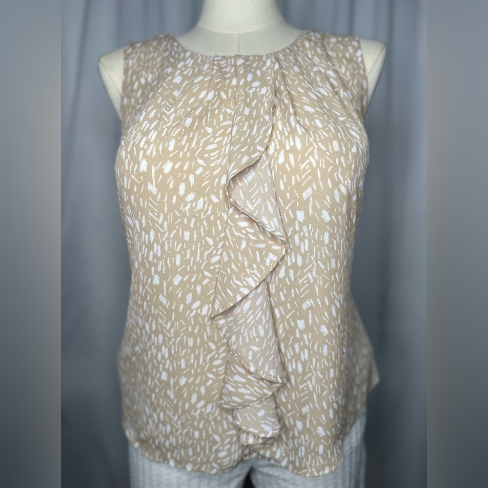 Covington Petite Beige Abstract Print Sleeveless Ruffle Front Blouse XL (1121) - Picture 3 of 14